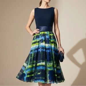 THEIA Resort 2015 Navy Abstract Plaid V-Back Cocktail Midi Dress